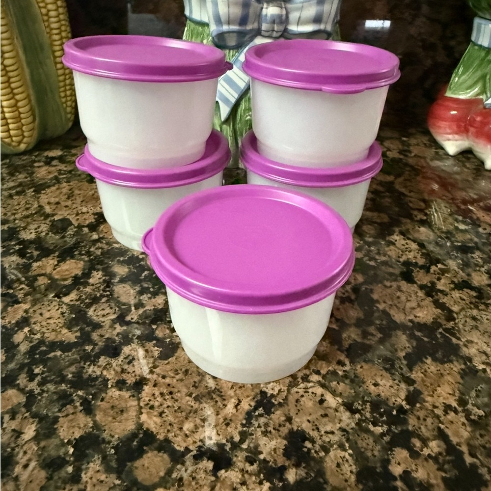 New 5 Tupperware 49148-4 snack containers with purple lids